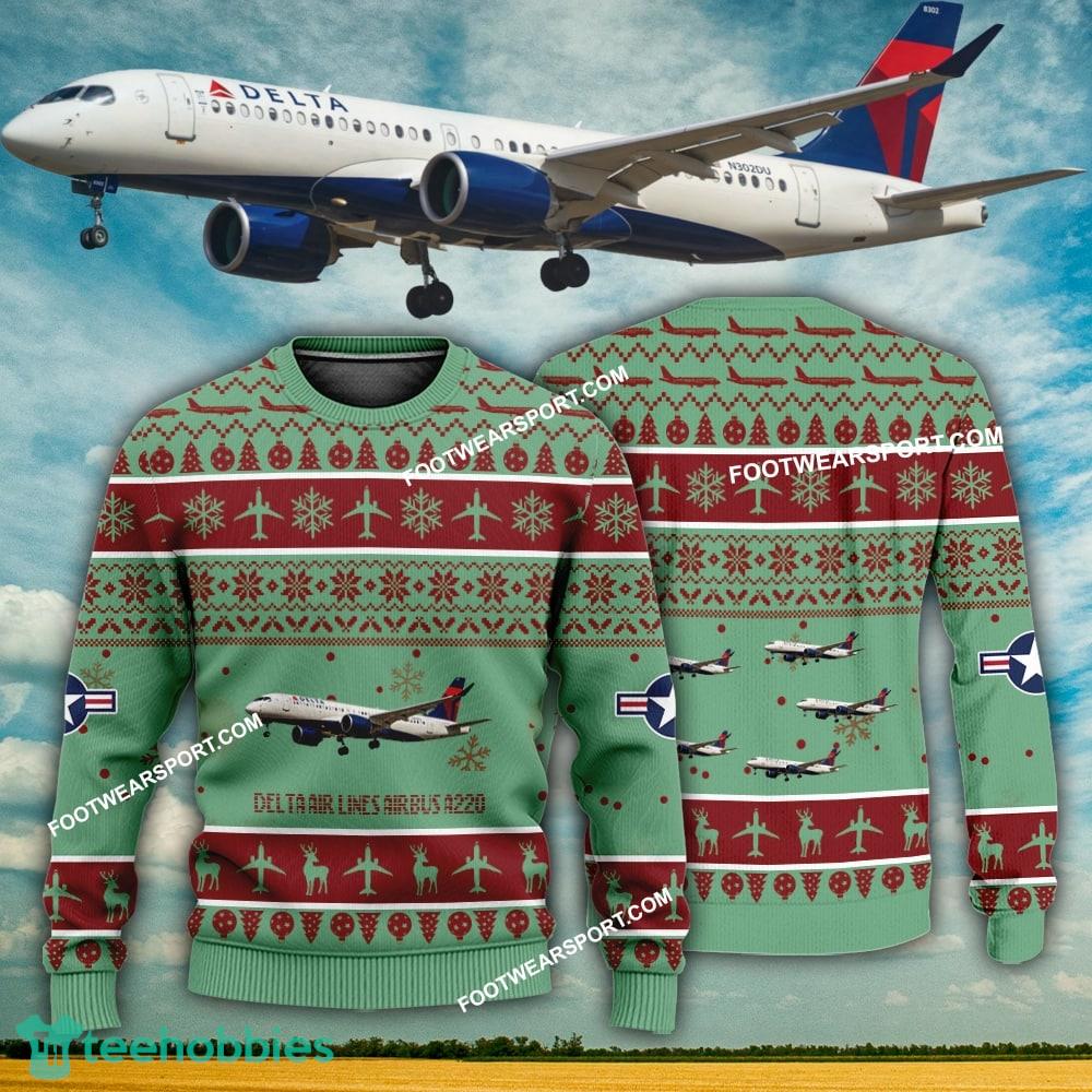 Aircraft Design Delta Air Lines Airbus A220 Ugly Christmas 3D Sweater Gift Veteran