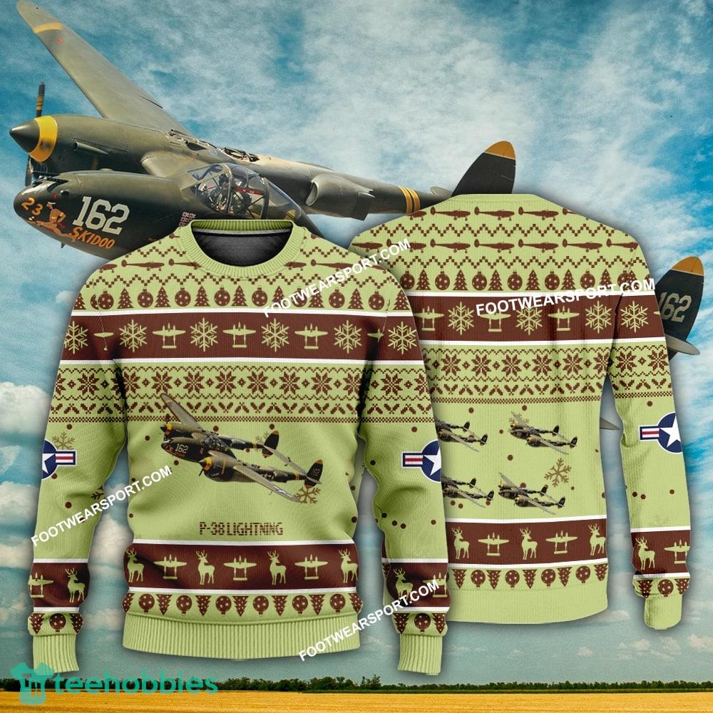 Aircraft Design P-38 Lightning P38 Ugly Christmas US Army 3D Sweater Gift Veteran