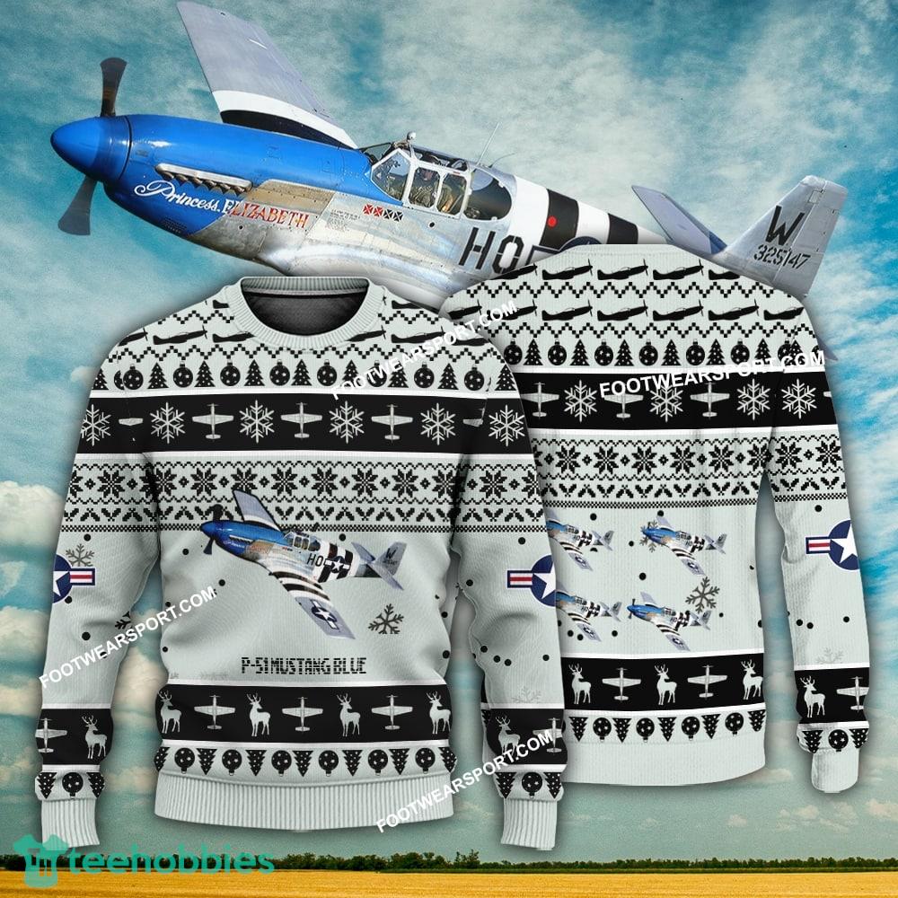 Aircraft Design P-51 Mustang Blue P51 Ugly Christmas US Army 3D Sweater Gift Veteran