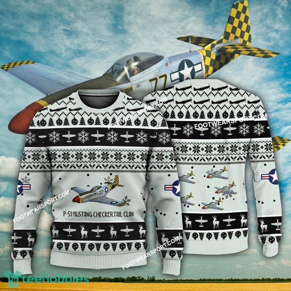 Aircraft Design P-51 Mustang Checkertail Clan P51 19 Ugly Christmas US Army 3D Sweater Gift Veteran
