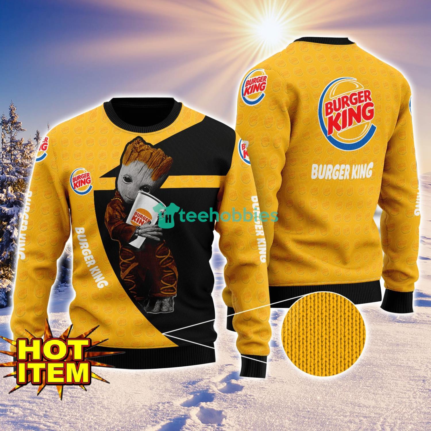 Baby Groot Hug burger king Ugly Christmas 3D Sweater All Over Print