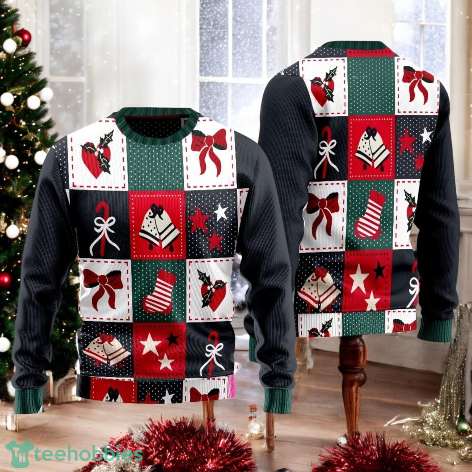 Bells and Stockings Ugly Christmas Sweater Christmas Pattern Sweater Red Green Holiday Sweater