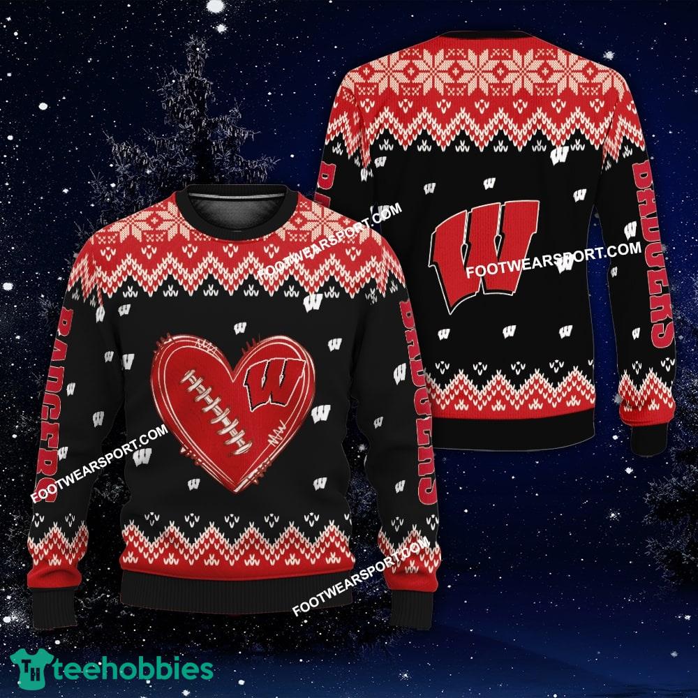 Design Heart Football Wisconsin Badgers Christmas Sweater AOP Gift For Adult