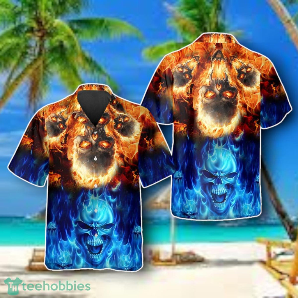 Blue Fire Skull Hawaiian Shirt Style Gift