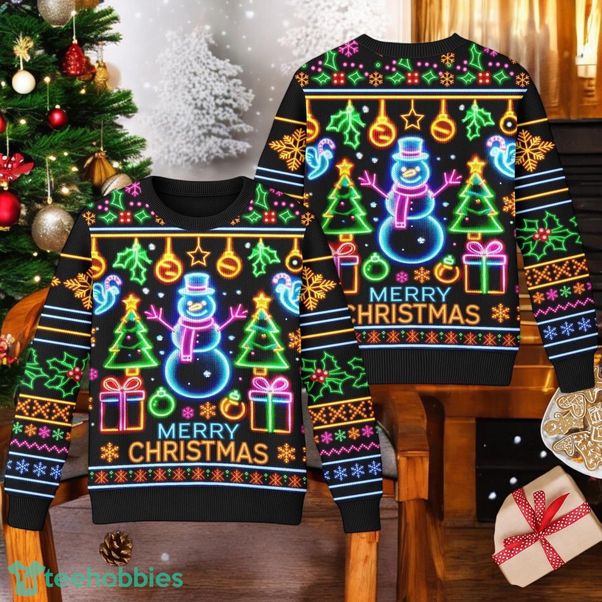 Bright Neon Lighting Ugly Christmas Sweater Xmas 3D Sweater Christmas Gift Idea