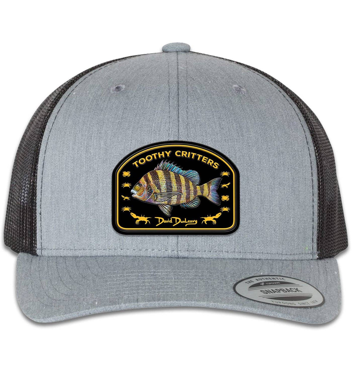 Sheepshead Toothy Critters 6 Panel Trucker Snap Back Heather Grey Black Hat Unisex , , , Long Sleeve Tee