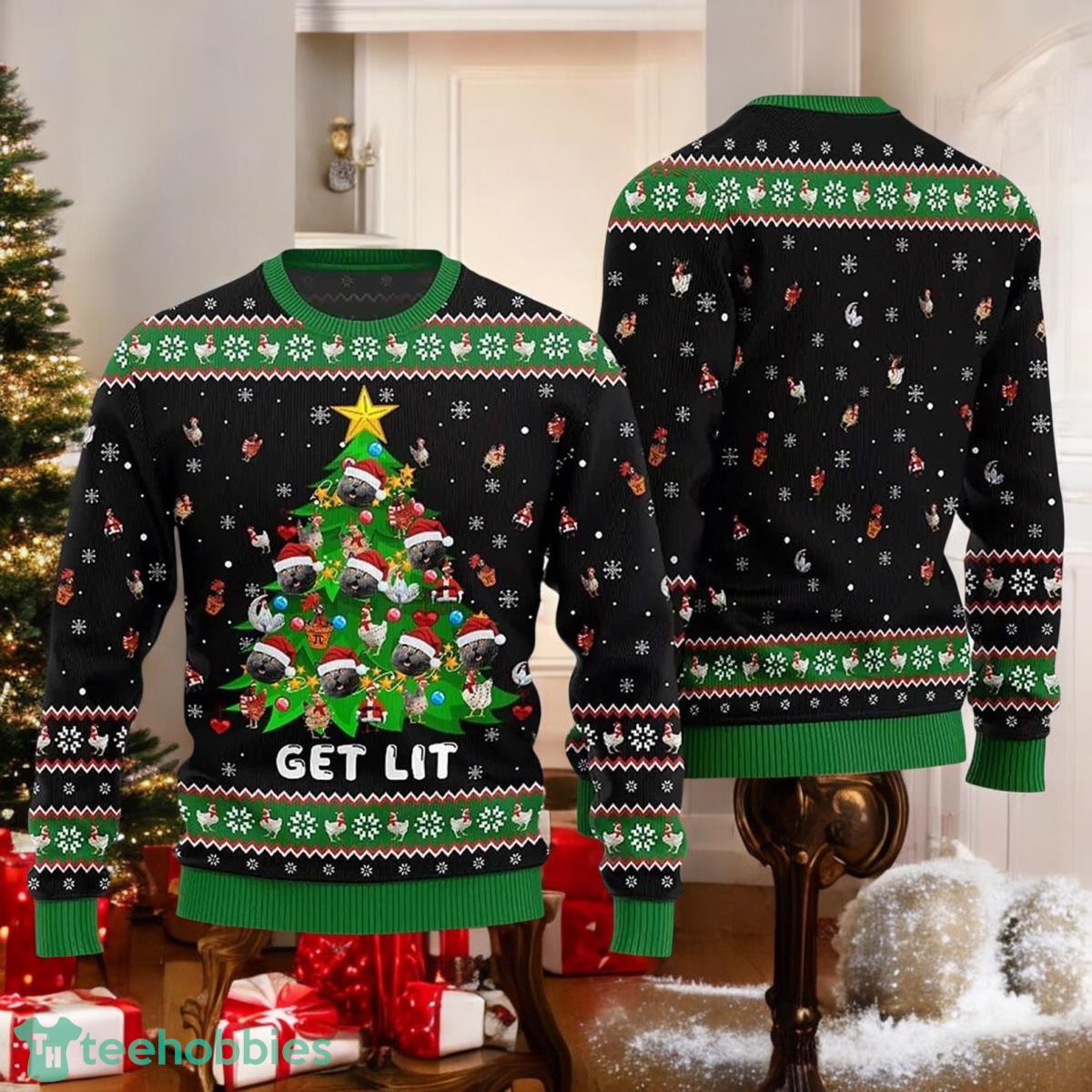 Cat Get Lit Christmas Ugly Sweater Santa Cat Holiday Sweater