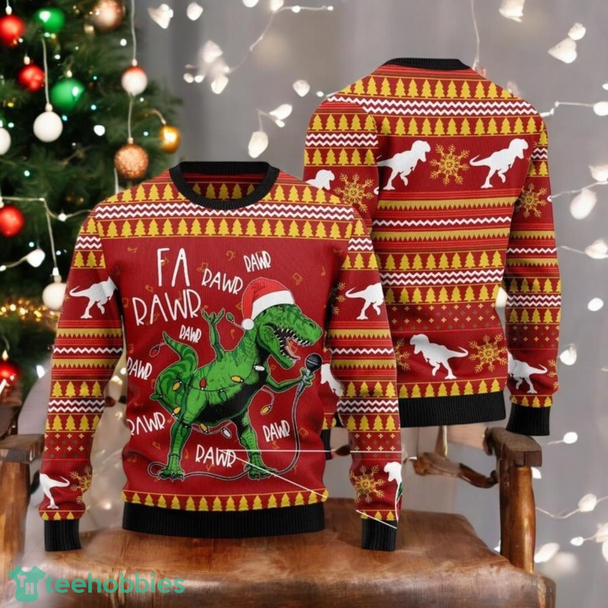 Christmas Singing Dinosaur Ugly Sweater Santa Hat Xmas Sweater