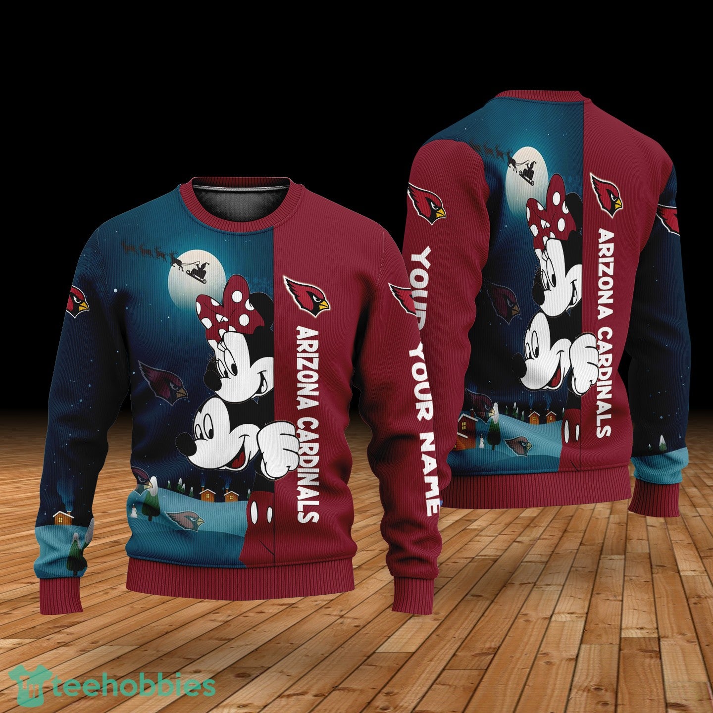 Custom Name Arizona Cardinals Cartoon Mouse Couple Christmas 3D Sweater