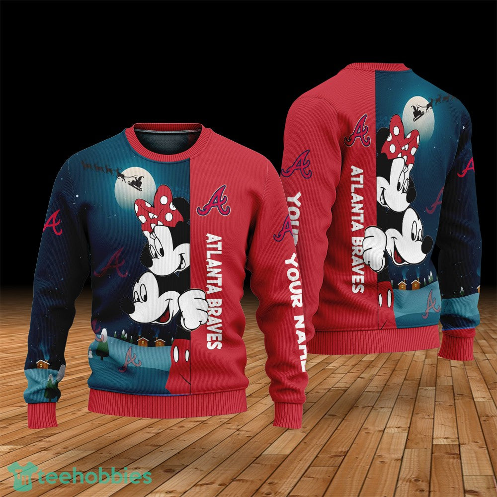 Custom Name Atlanta Braves Cartoon Mouse Couple Christmas 3D Sweater