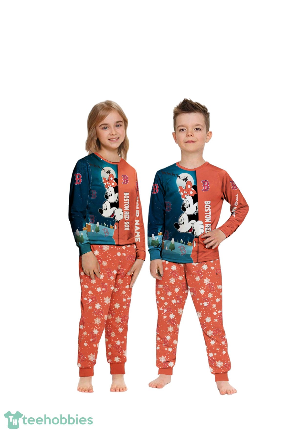 Custom Name Boston Red Sox Cartoon Mouse Couple Christmas Matching Pajamas Set