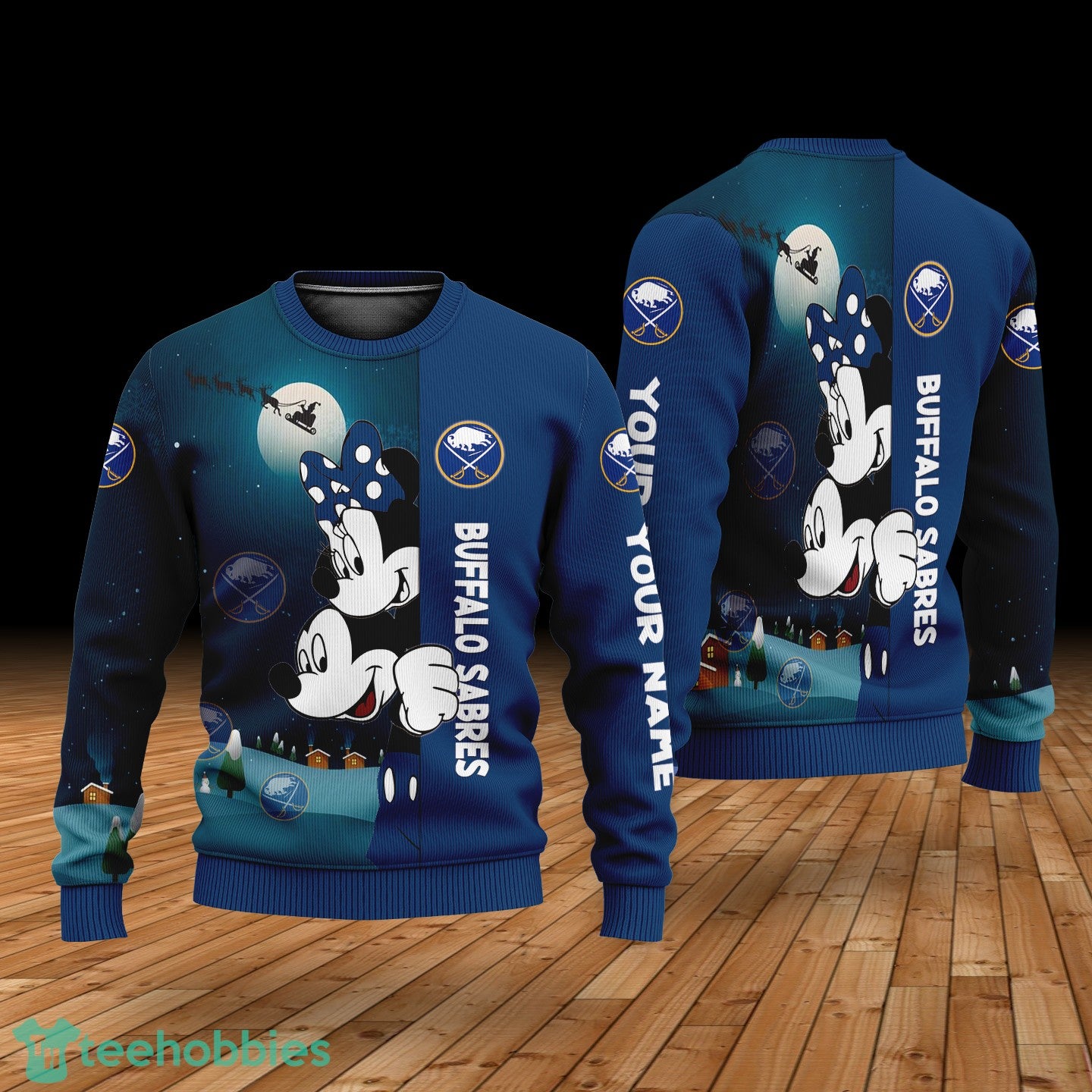 Custom Name Buffalo Sabres Cartoon Mouse Couple Christmas 3D Sweater
