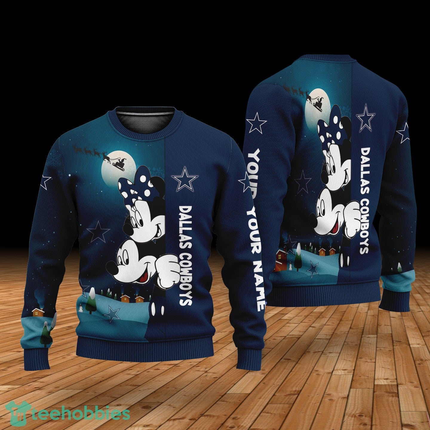 Custom Name Dallas Cowboys Cartoon Mouse Couple Christmas 3D Sweater