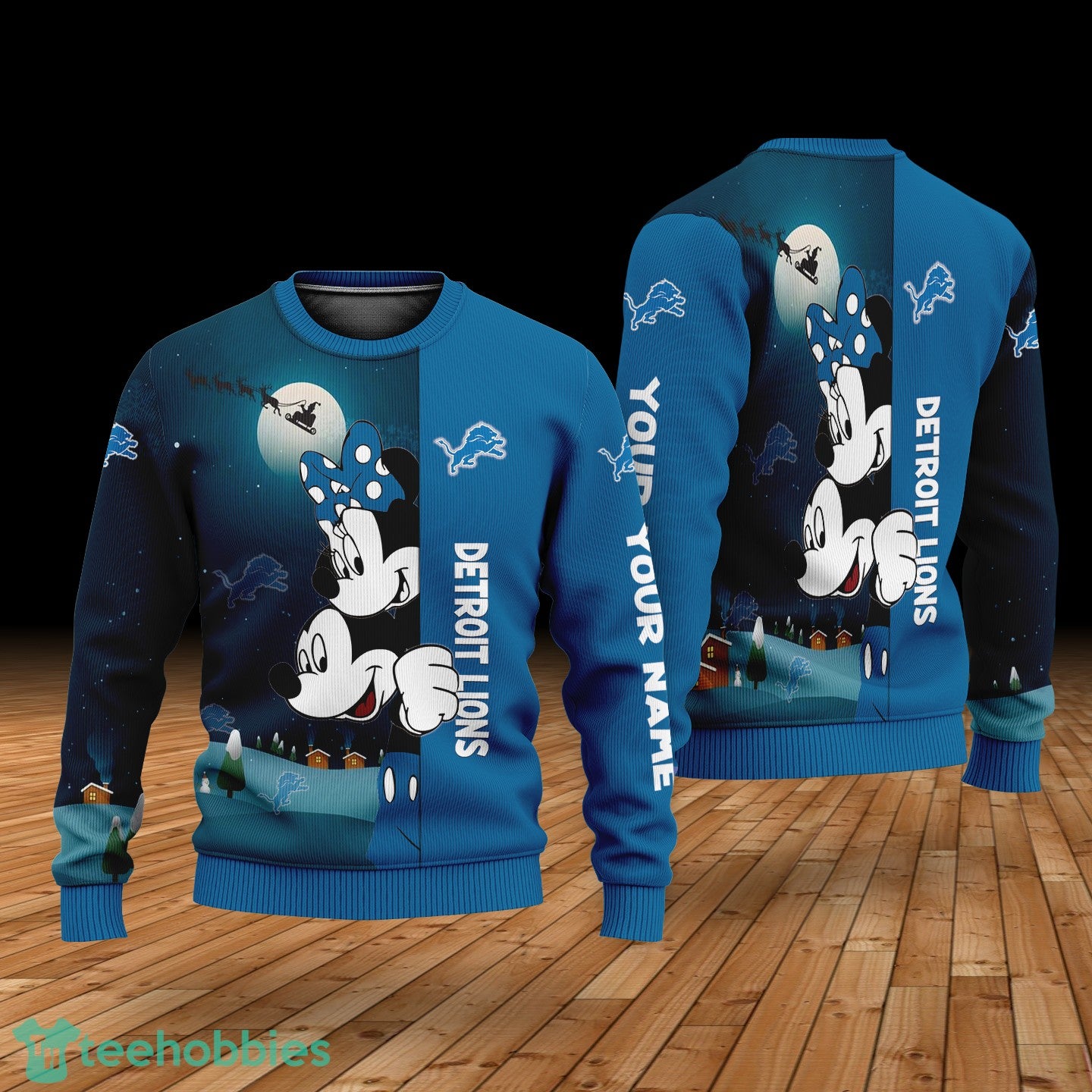 Custom Name Detroit Lions Cartoon Mouse Couple Christmas 3D Sweater