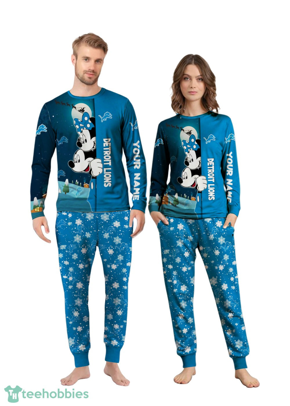 Custom Name Detroit Lions Cartoon Mouse Couple Christmas Matching Pajamas Set