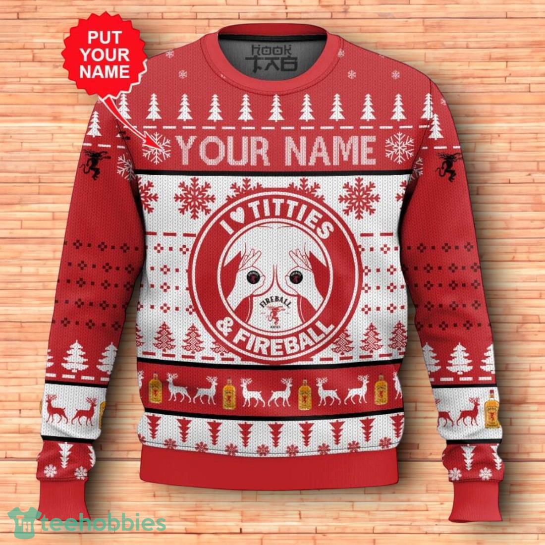 Custom Name Fireball Titties Funny Ugly Christmas Sweater 3D Design For Men Women