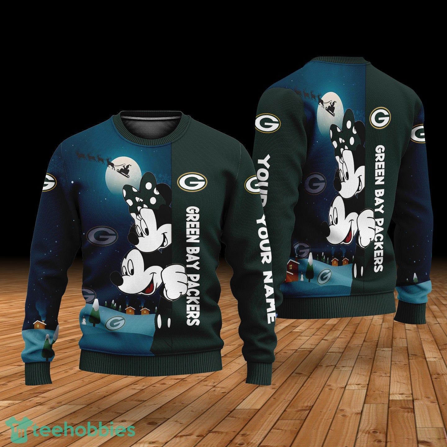 Custom Name Green Bay Packers Cartoon Mouse Couple Christmas 3D Sweater