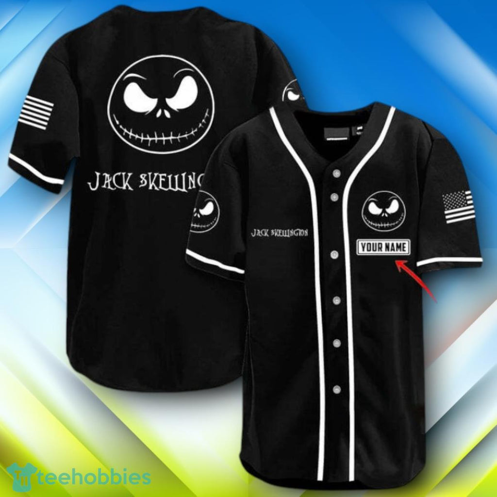 Custom Name Jack Skellington American Flag 4th Of July Halloween Baseball Jersey Style Gift
