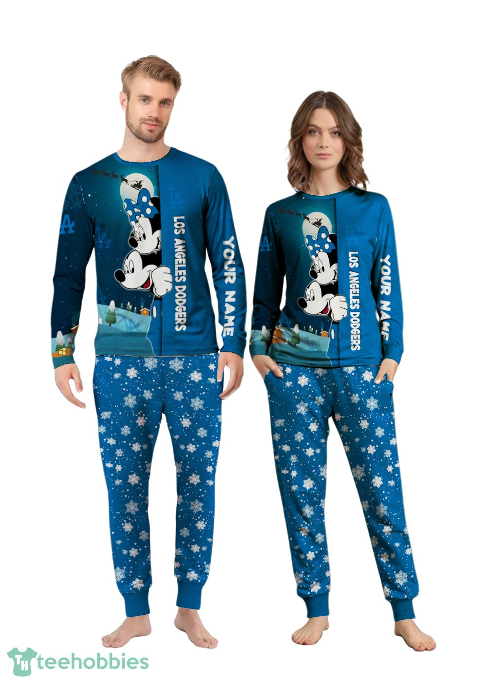 Custom Name Los Angeles Dodgers Cartoon Mouse Couple Christmas Matching Pajamas Set