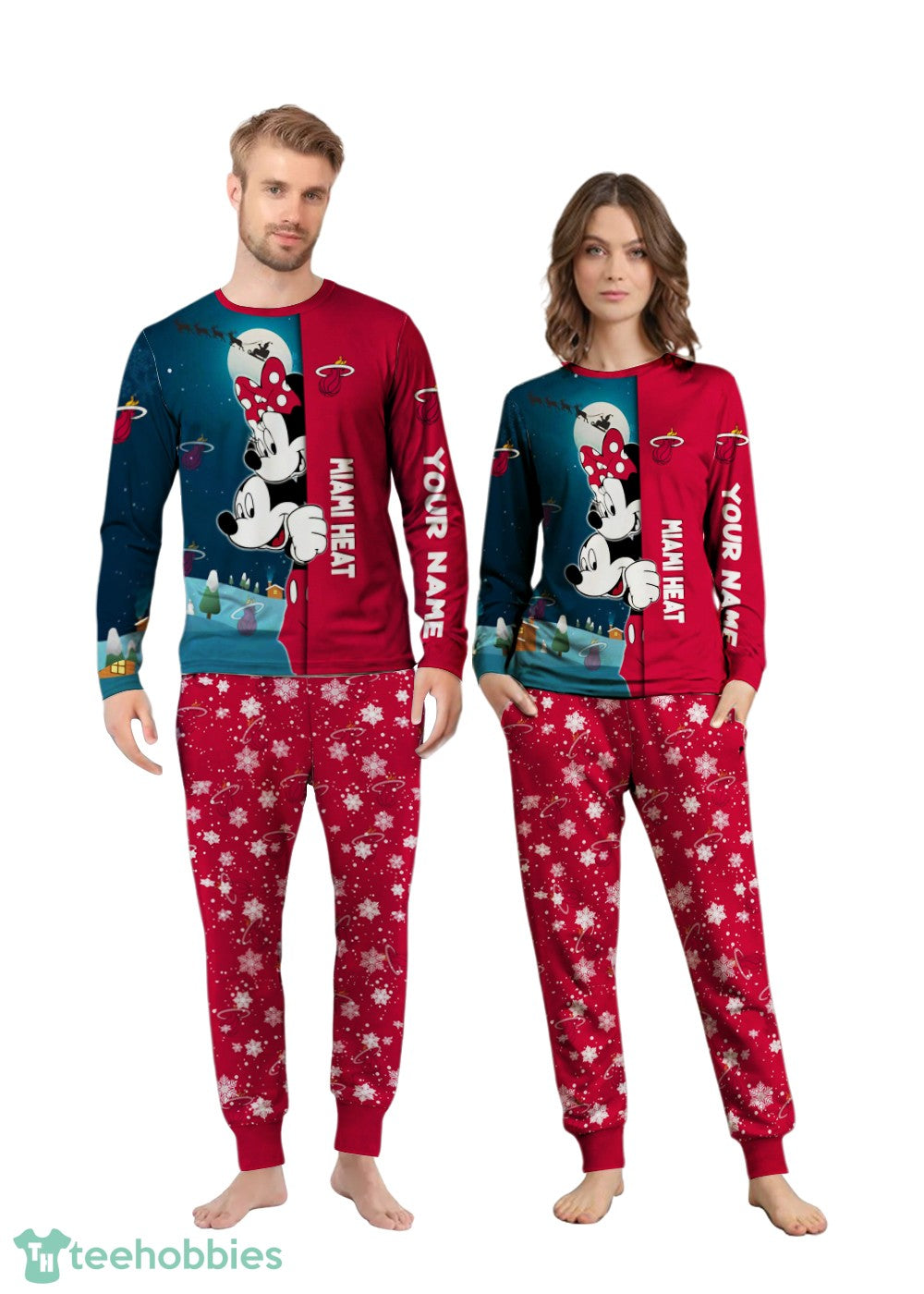 Custom Name Miami Heat Cartoon Mouse Couple Christmas Matching Pajamas Set