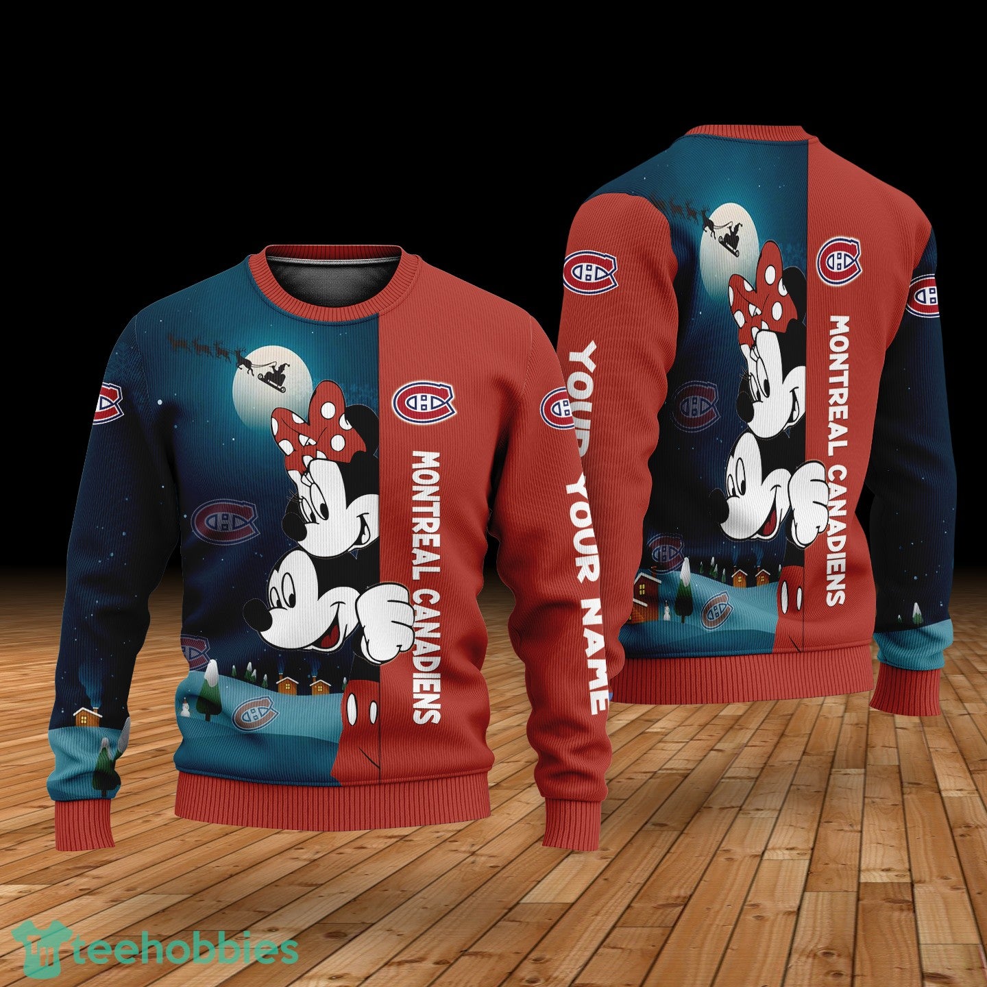 Custom Name Montreal Canadiens Cartoon Mouse Couple Christmas 3D Sweater