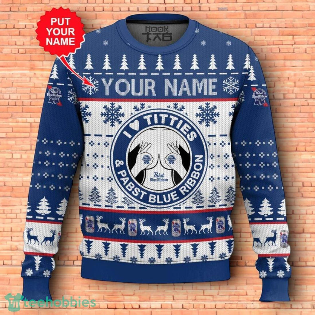 Custom Name Pabst Blue Ribbon Titties Funny Ugly Christmas Sweater 3D Design For Men Women