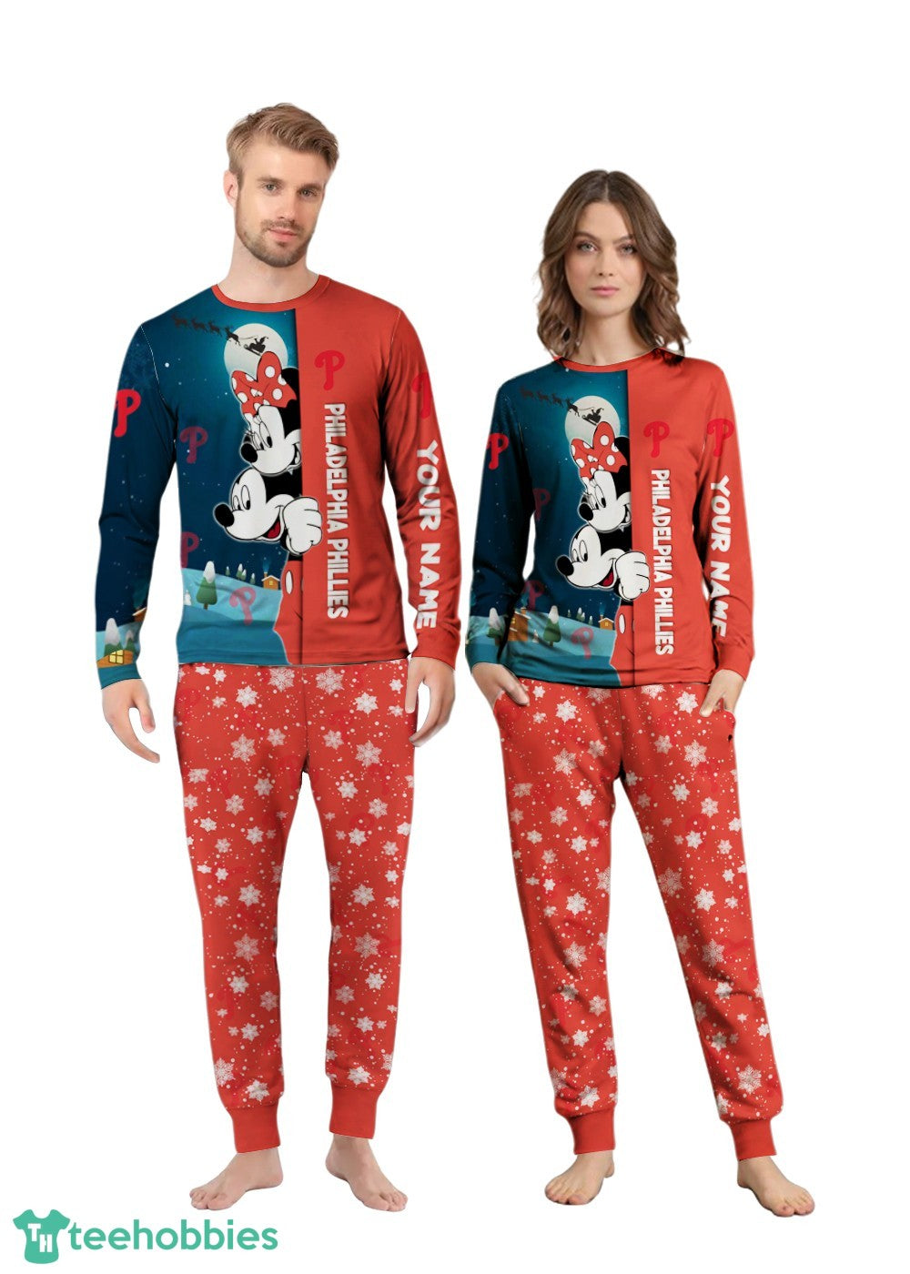 Custom Name Philadelphia Phillies Cartoon Mouse Couple Christmas Matching Pajamas Set