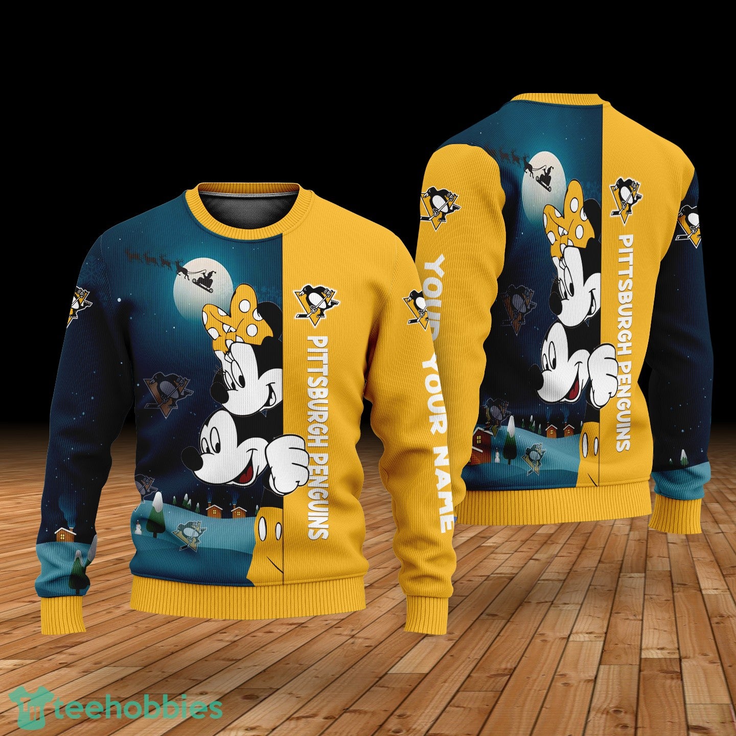 Custom Name Pittsburgh Penguins Cartoon Mouse Couple Christmas 3D Sweater