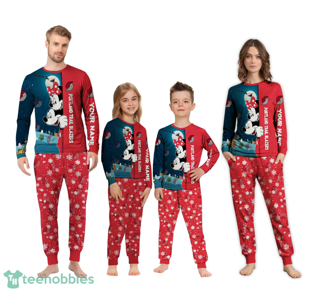 Custom Name Portland Trail Blazers Cartoon Mouse Couple Christmas Matching Pajamas Set