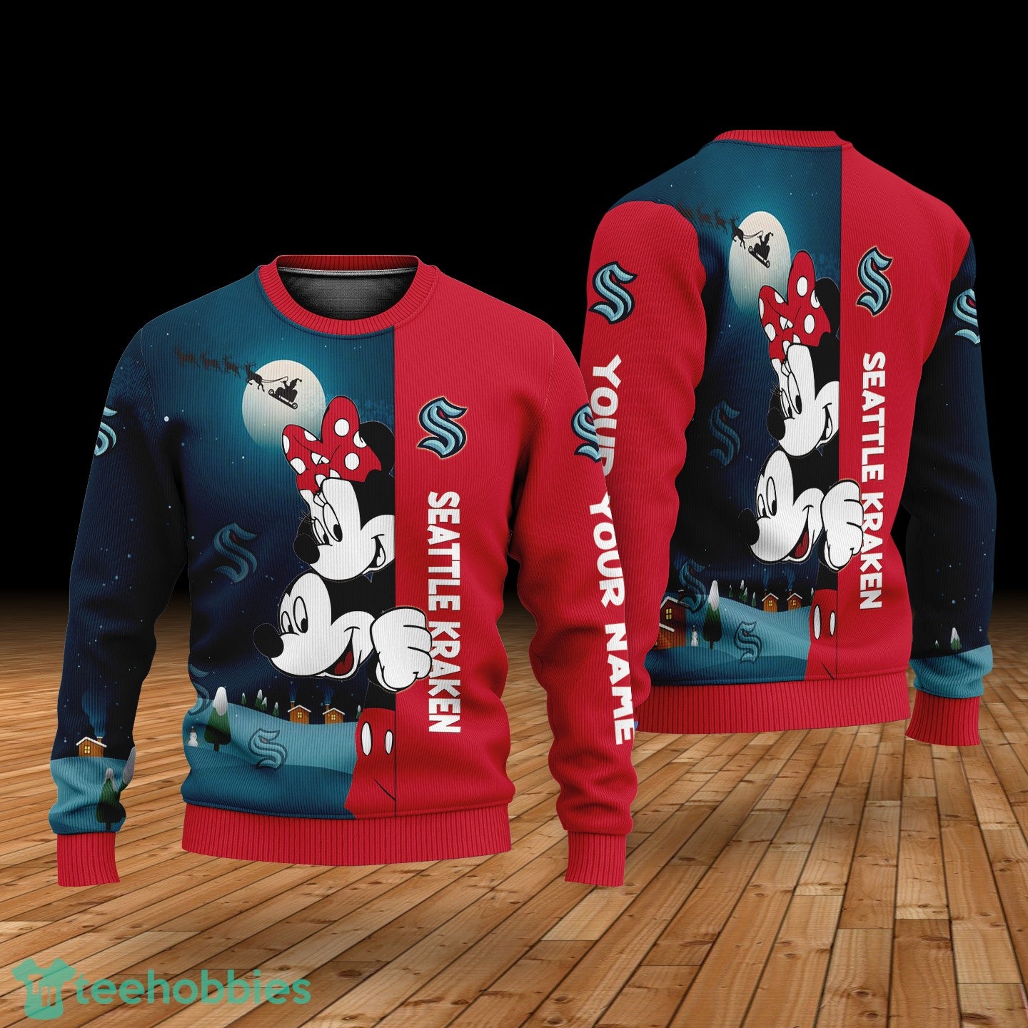 Custom Name Seattle Kraken Cartoon Mouse Couple Christmas 3D Sweater