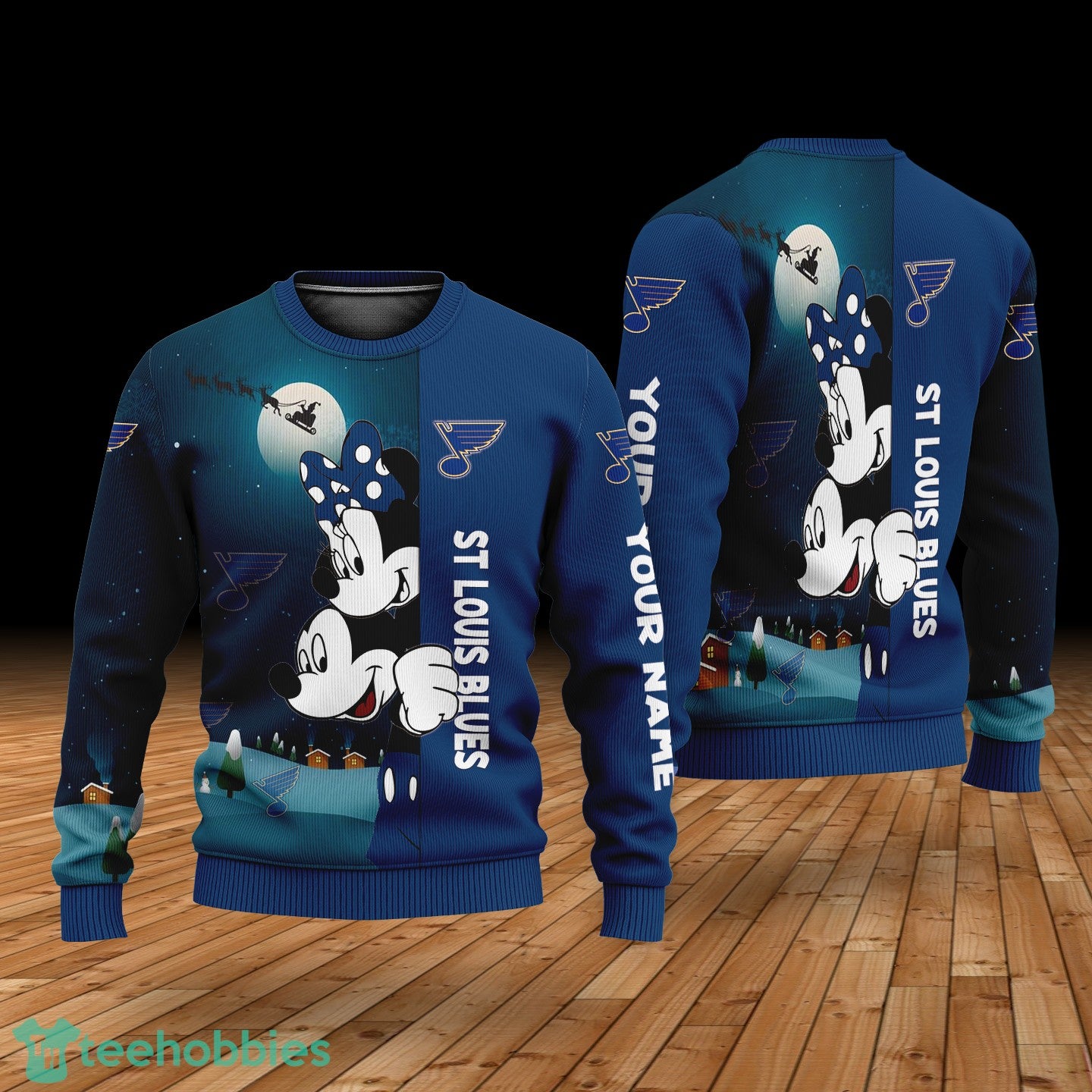 Custom Name St Louis Blues Cartoon Mouse Couple Christmas 3D Sweater