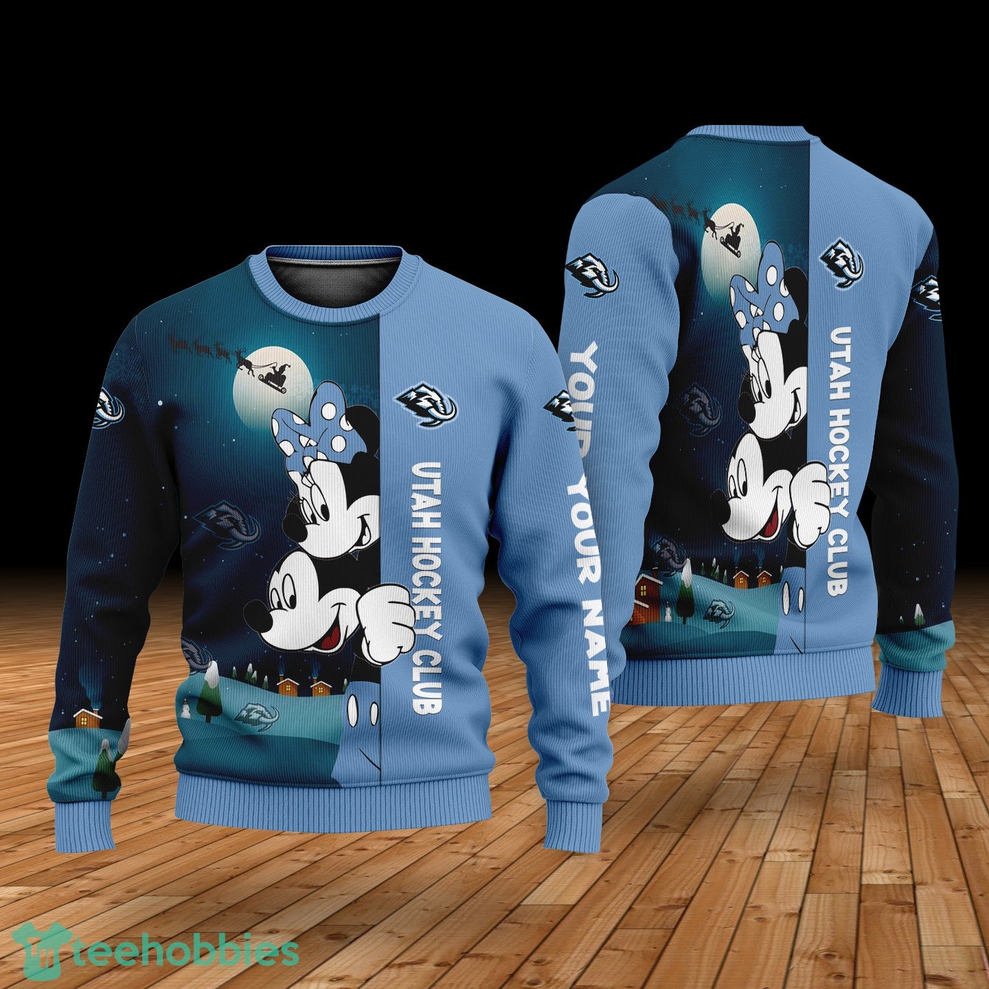 Custom Name Utah Hockey Club Cartoon Mouse Couple Christmas 3D Sweater