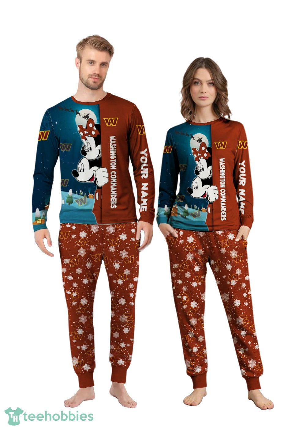 Custom Name Washington Commanders Cartoon Mouse Couple Christmas Matching Pajamas Set