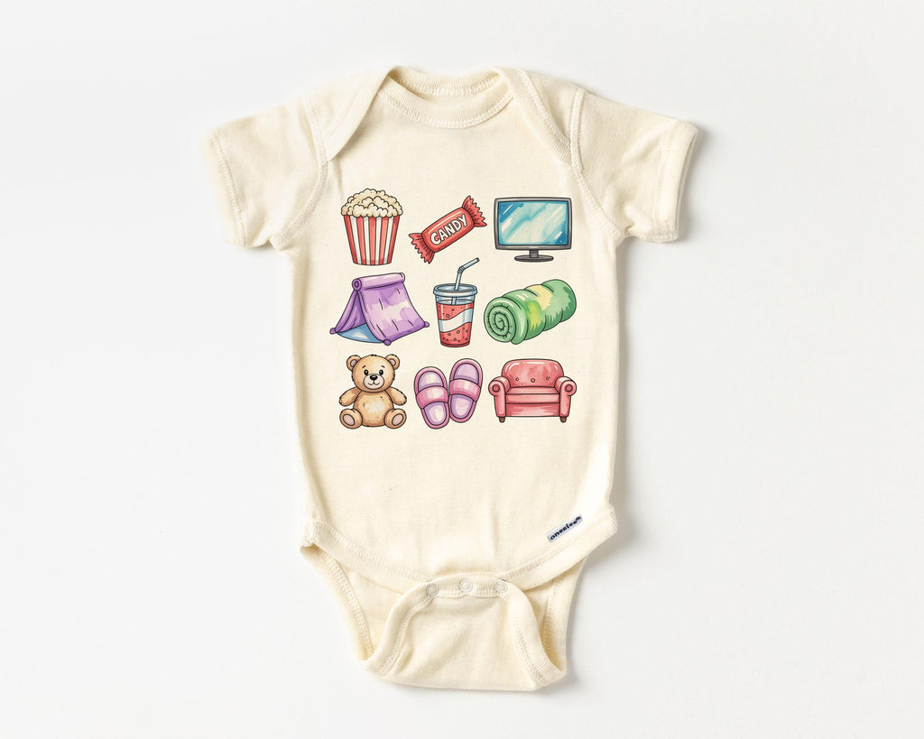 Retro Movie Night Doodles Toddler Tee Popcorn Tv Candy Teddy Bear Fort Natural Boho Toddler Tee