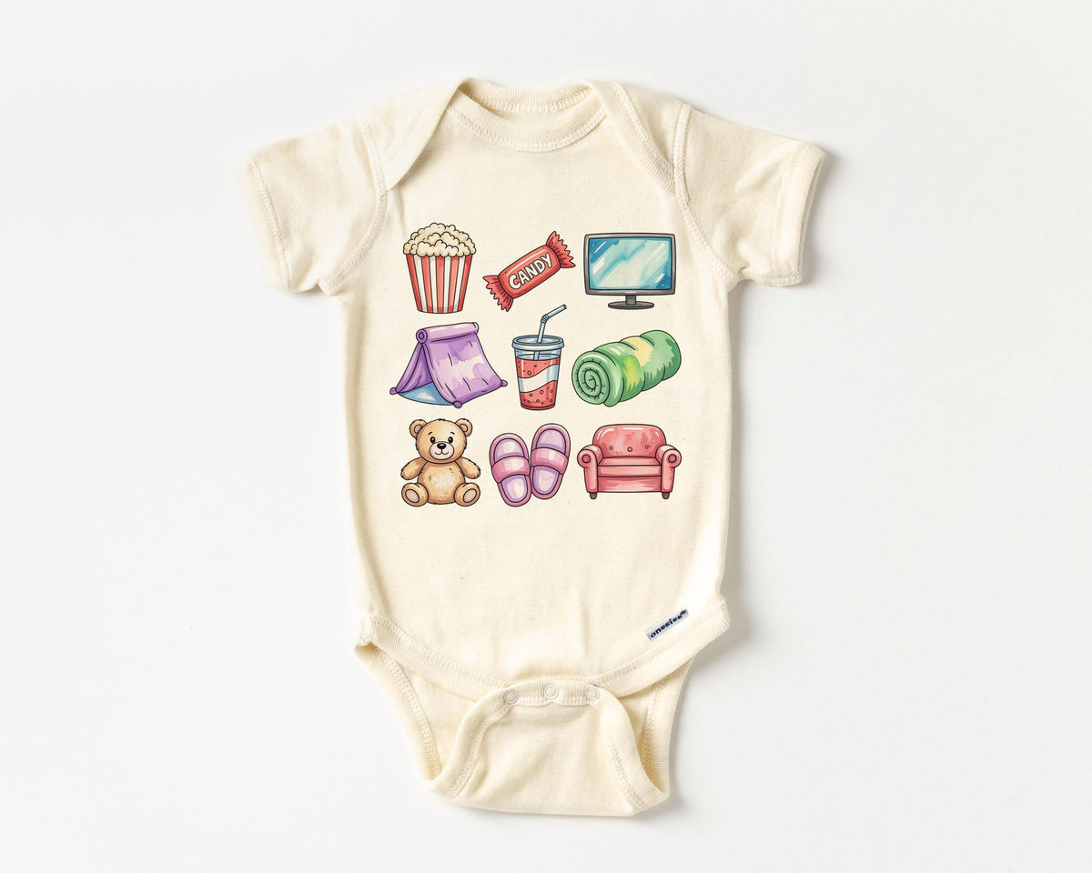 Retro Movie Night Doodles Toddler Tee Popcorn Tv Candy Teddy Bear Fort Natural Boho Toddler Tee