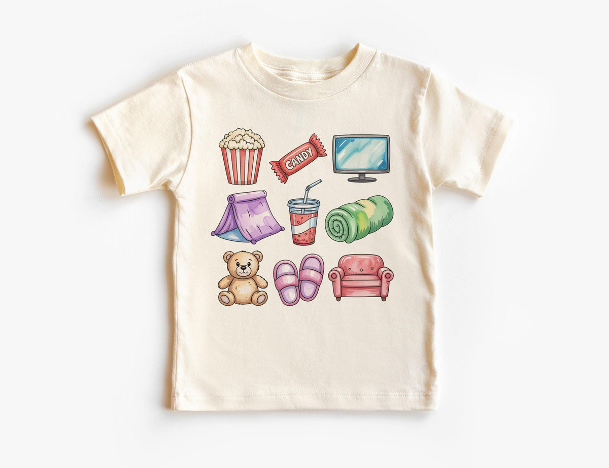 Retro Movie Night Doodles Toddler Tee Popcorn Tv Candy Teddy Bear Fort Natural Boho Toddler Tee