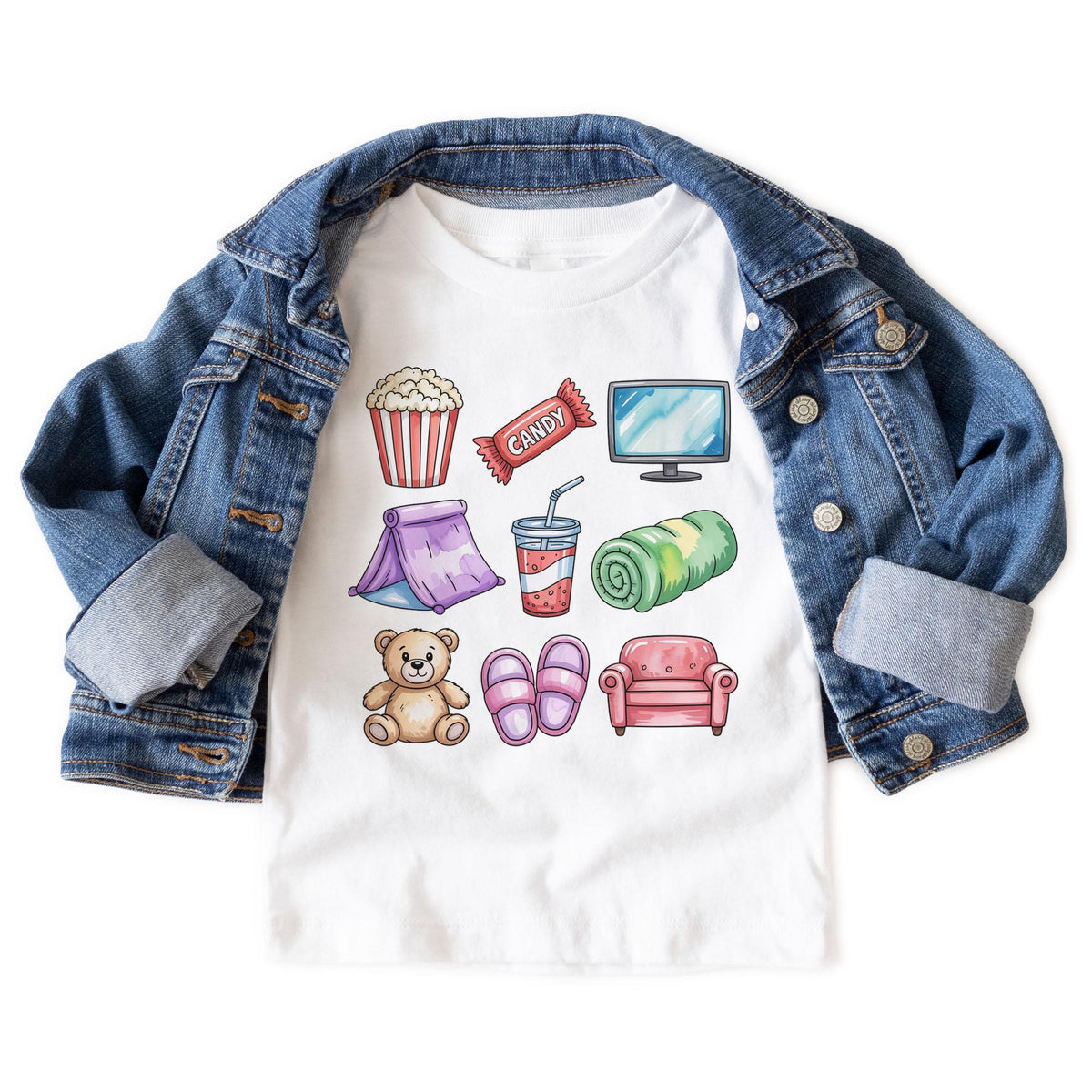 Retro Movie Night Doodles Toddler Tee Popcorn Tv Candy Teddy Bear Fort Natural Boho Toddler Tee