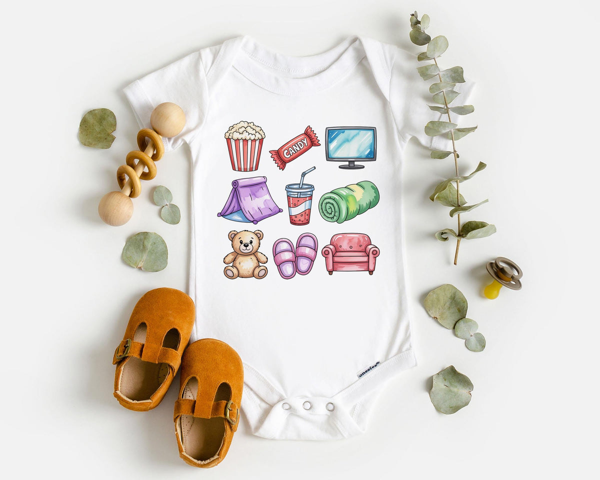 Retro Movie Night Doodles Toddler Tee Popcorn Tv Candy Teddy Bear Fort Natural Boho Toddler Tee