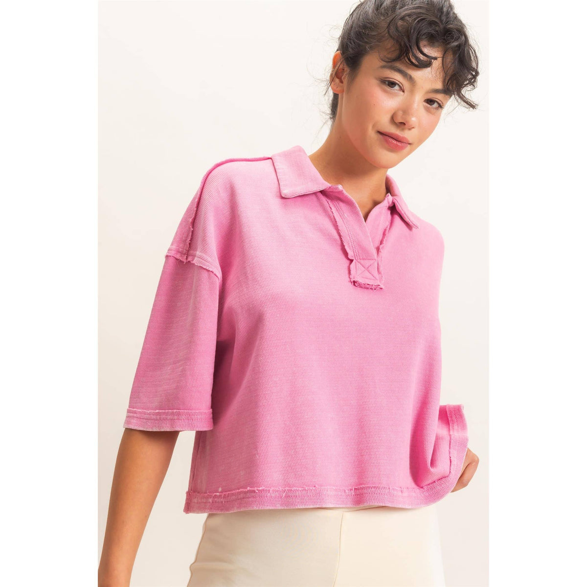 Mineral Wash Oversized Collar Short Sleeve Top Unisex , , , Long Sleeve Tee