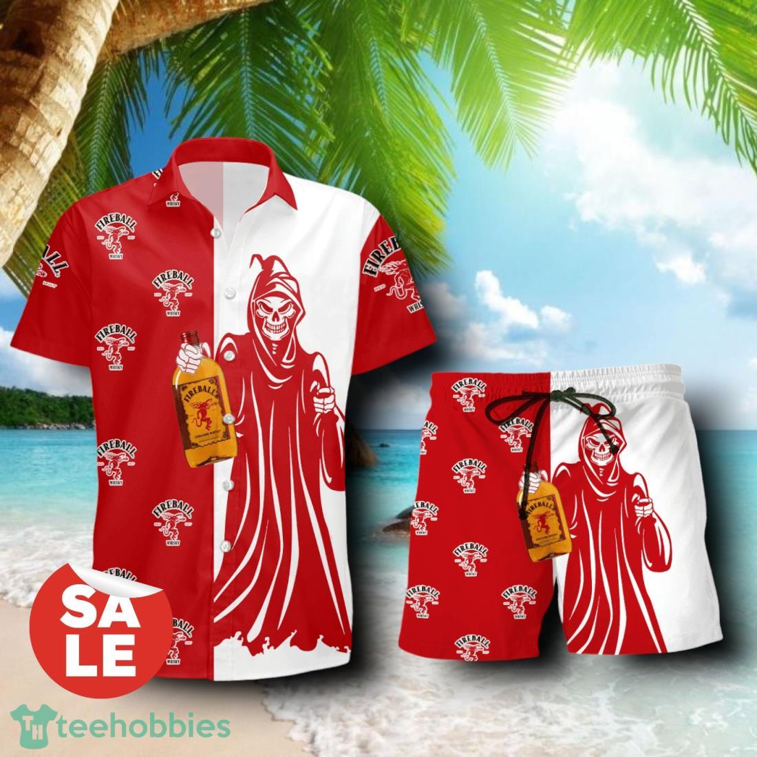 Fireball Cinnamon Whisky Death Halloween Combo Hawaiian Shirt & Shorts For Men Women