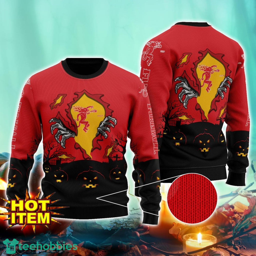 Fireball Cinnamon Whisky Scary Night Halloween Hand Pull Out Halloween 3D Sweater For Men and Women