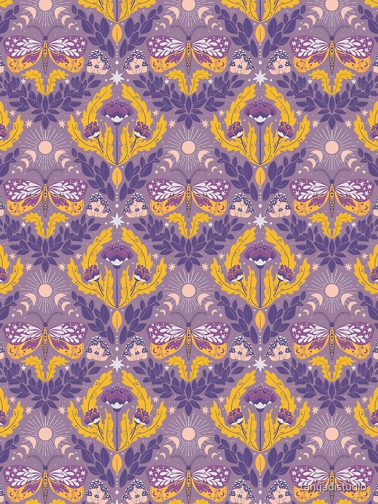 Whimsigoth butterfly florals -  yellow ochre and purple pattern smaller by tanyadistudio