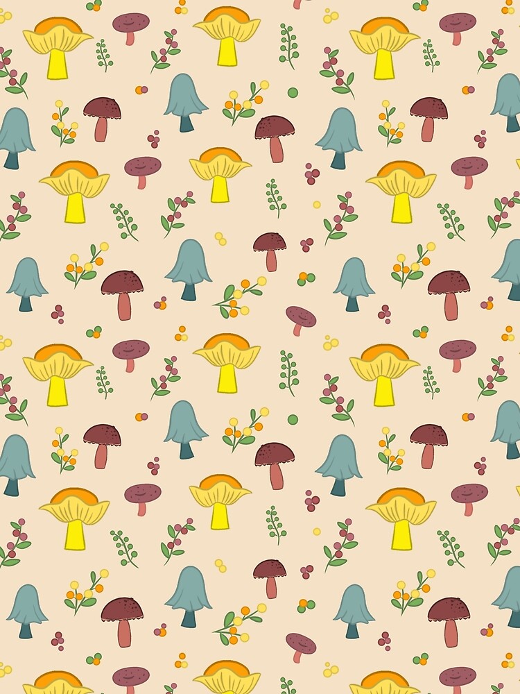 Colorful Mushroom Seamless Pattern on a Tan Background by Cherie Brunetti