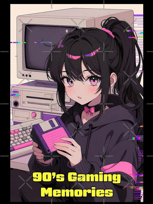 90s Gaming Memories Anime Girl Retro Computer | Nostalgia Gamer Sticker by Amber Sky Creations