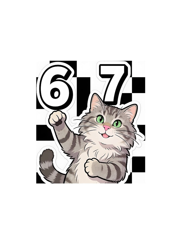 Cute Gray Tabby Cat Pointing at 67 Meme Funny Cartoon Sticker by OksArtStudio
