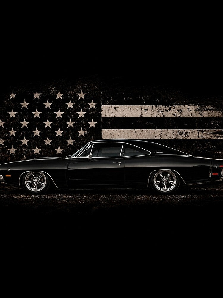Classic Black Dodge Charger with Distressed American Flag | Vintage Muscle Car T-Shirt by Diesel outlaw