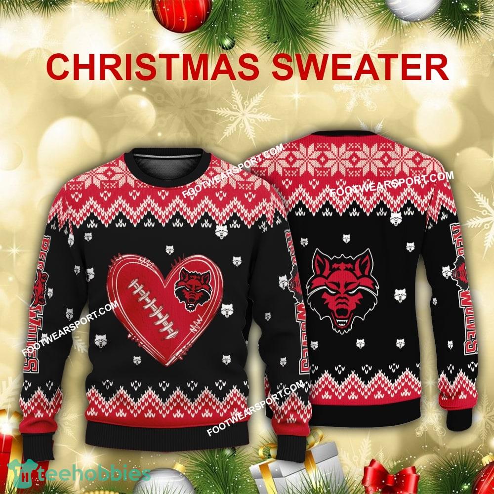 Funny Heart Football Arkansas State Red Wolves Xmas 3D Sweater For Men Women