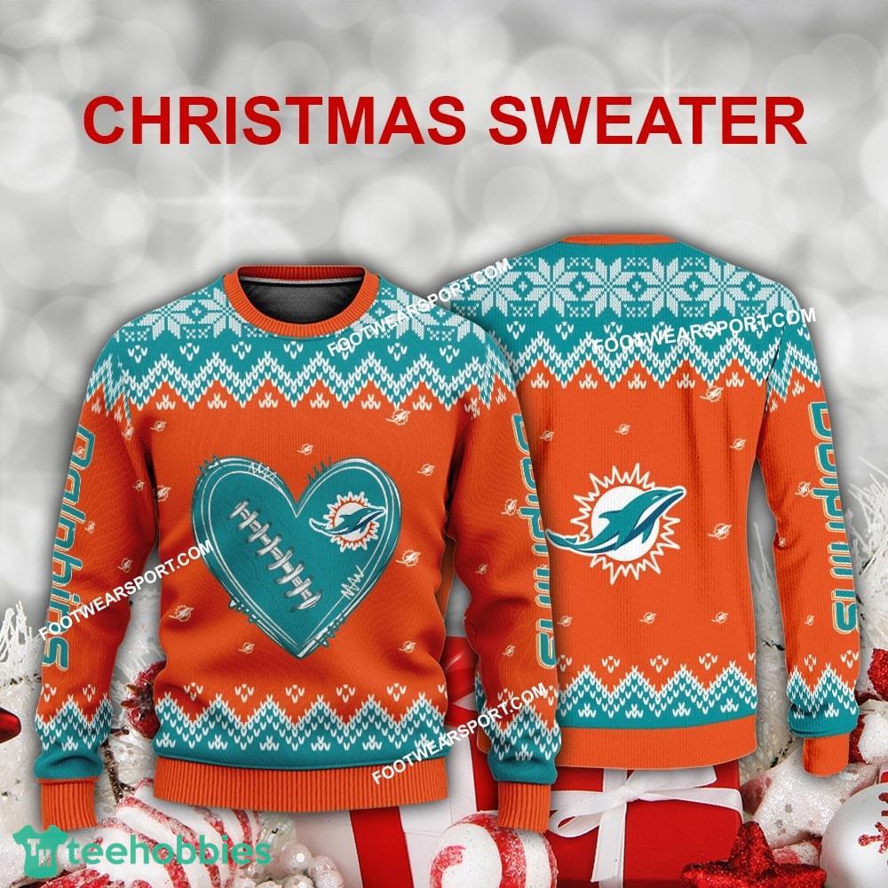 Funny Heart Football Miami Dolphins Christmas Sweater AOP For Men Women