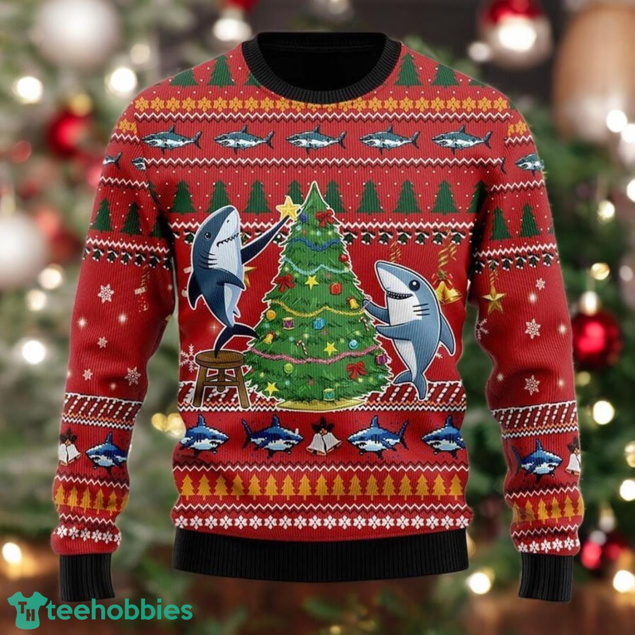 Funny Shark Christmas Sweater Cute Shark Decorating Tree Ugly Xmas
