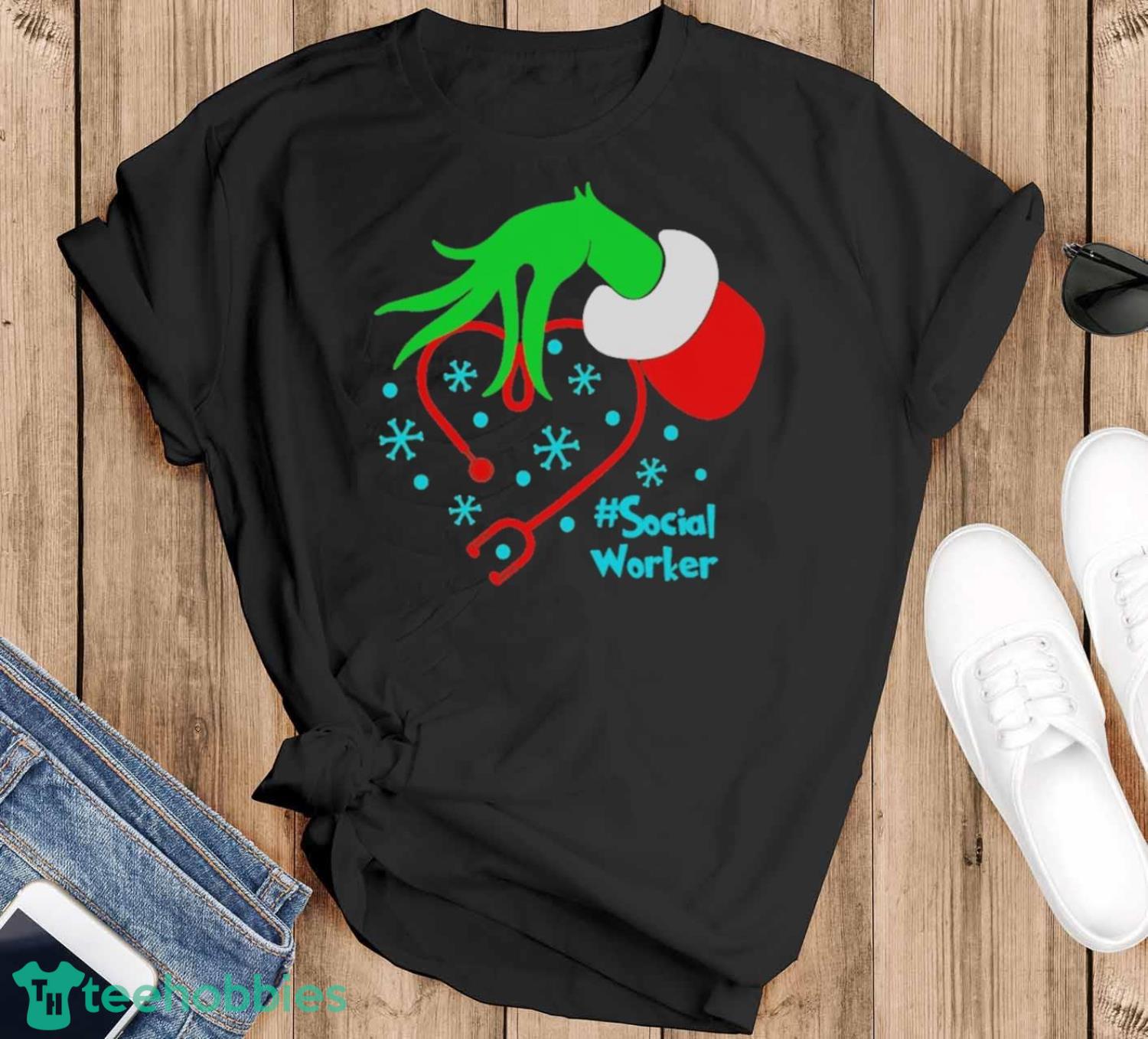 Grinch Hand Holding Stethoscope Social Worker Christmas Shirt Unisex , , , Long Sleeve Tee